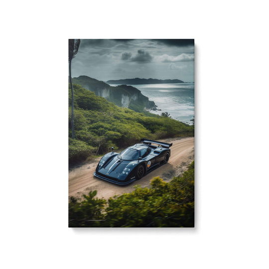 Gloss Black Nissan R390 speeding through stormy terrain towards the ocean, canvas print on white background.