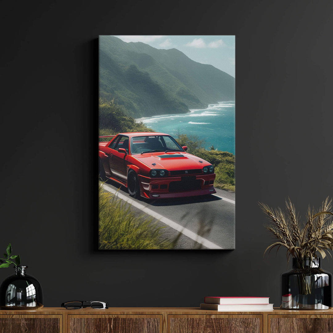 Add some coastal flair to your living space with this stunning canvas print of a Nissan Skyline GT-R V-Spec ll cruising.