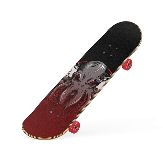 Slanted view of skateboard featuring grip tape with a majestic octopus in faded colors on a dark grey background.