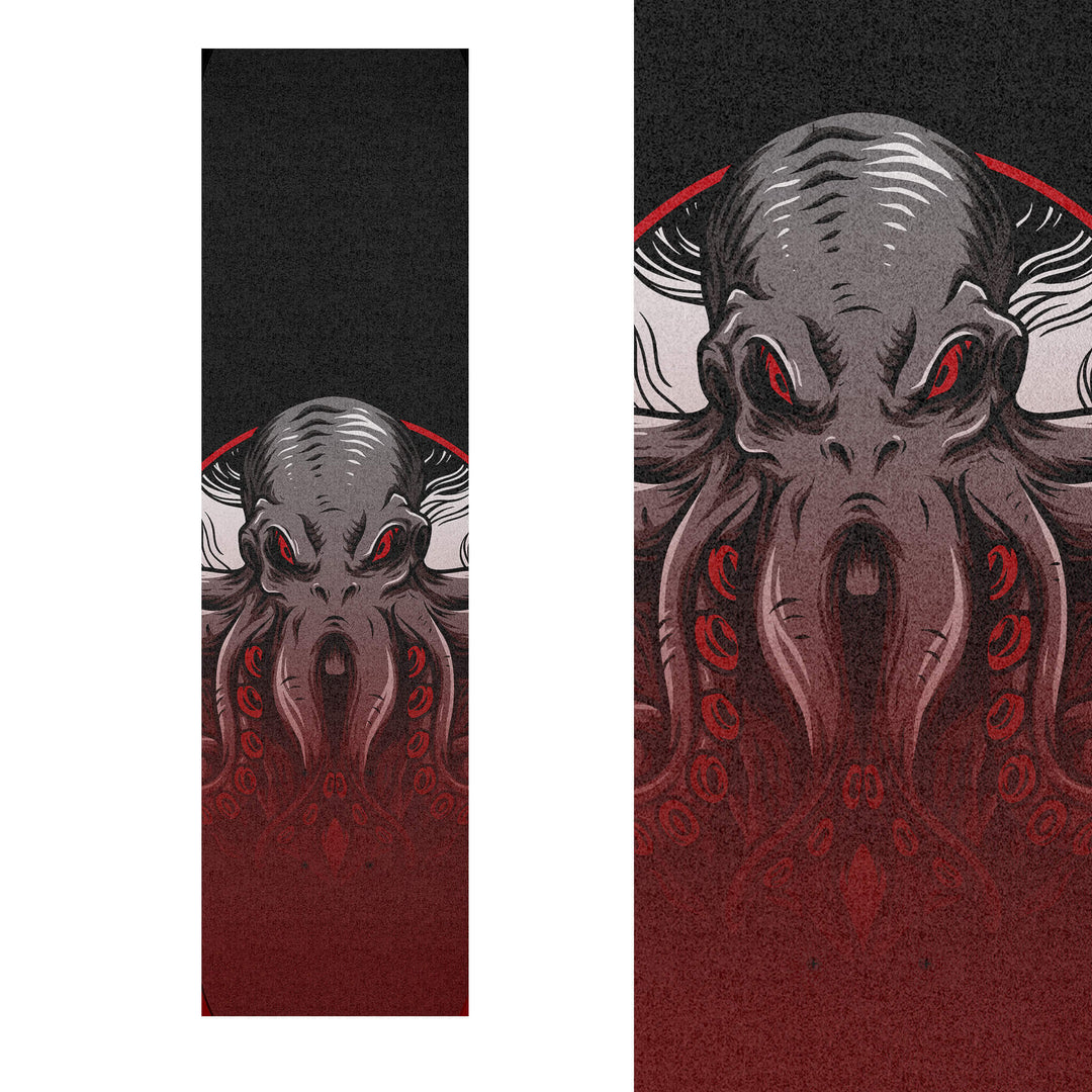 Detailed image of the uncut skateboard grip tape showcasing sizing options, with a majestic octopus in faded red color.