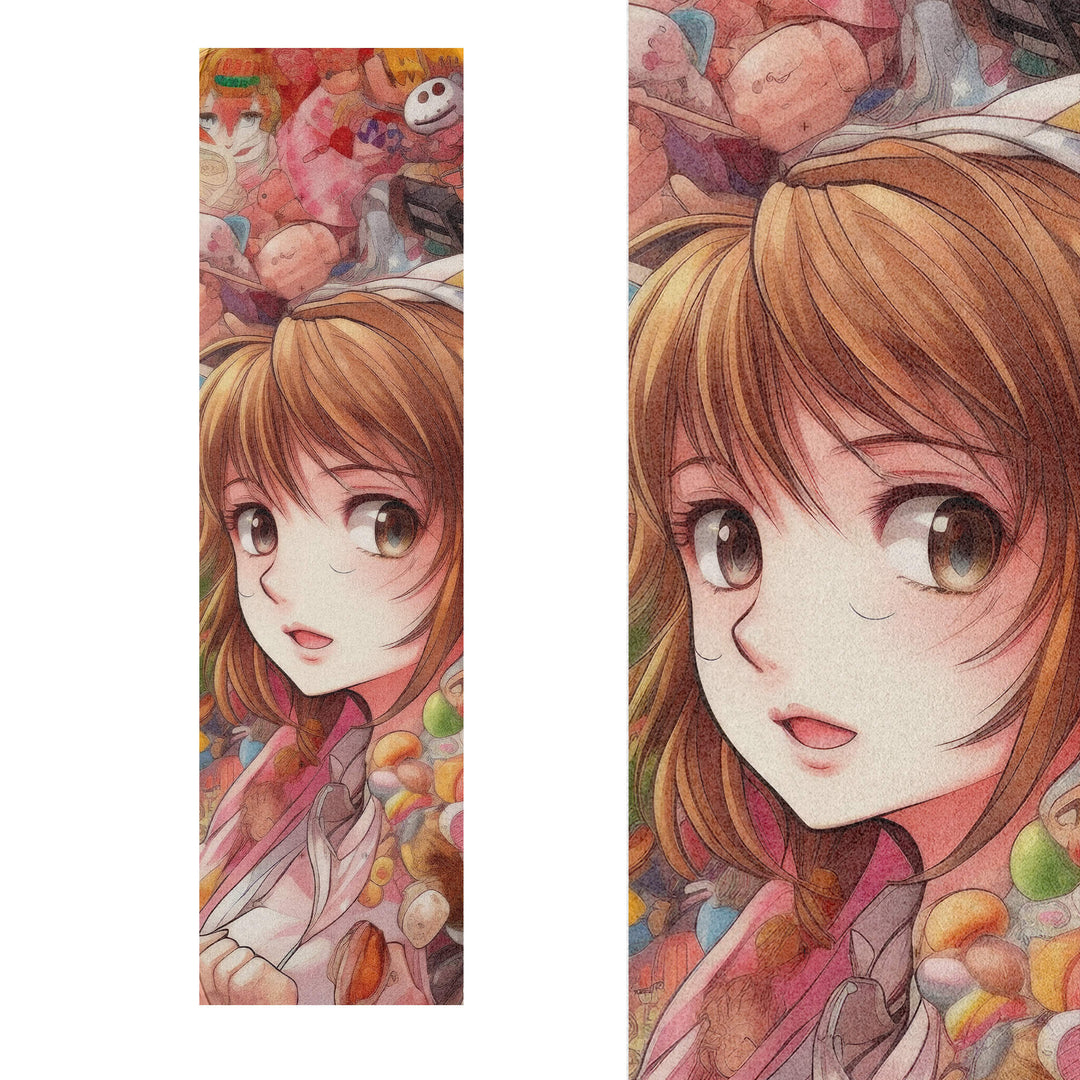Detailed image of uncut Skateboard Grip tape in pink and brown with Anime girl's face design, showing differential sizing opportunities.