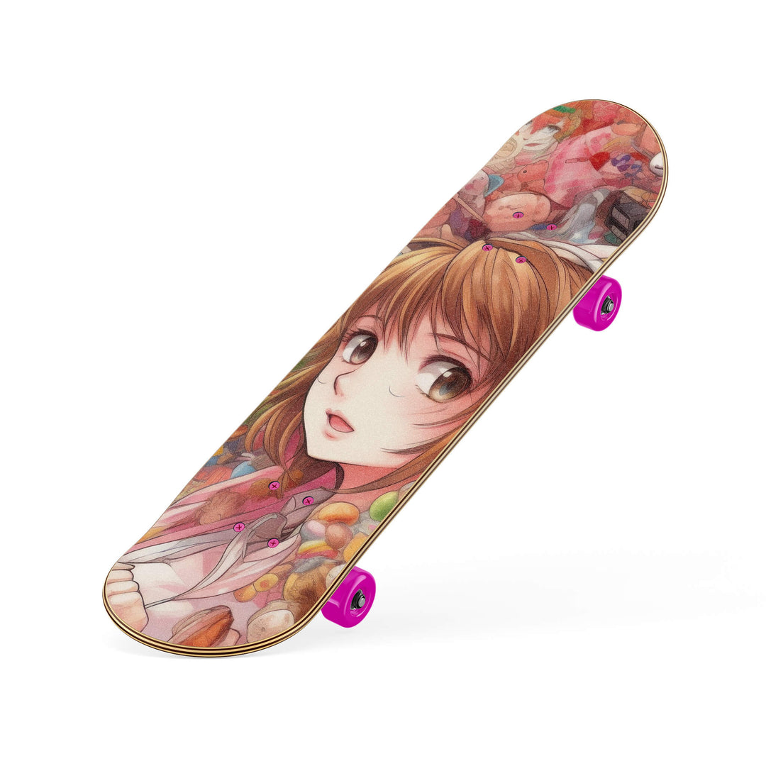 Slanted view of high-quality Skateboard Grip with Anime girl's face design in vibrant pink and brown.