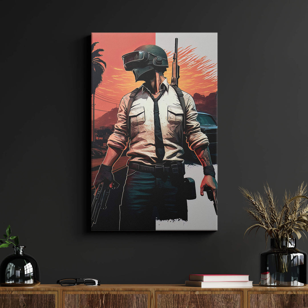 Action-packed PUBG-inspired canvas print on 1.5" stretcher bars, displayed on a black wall in a living room.