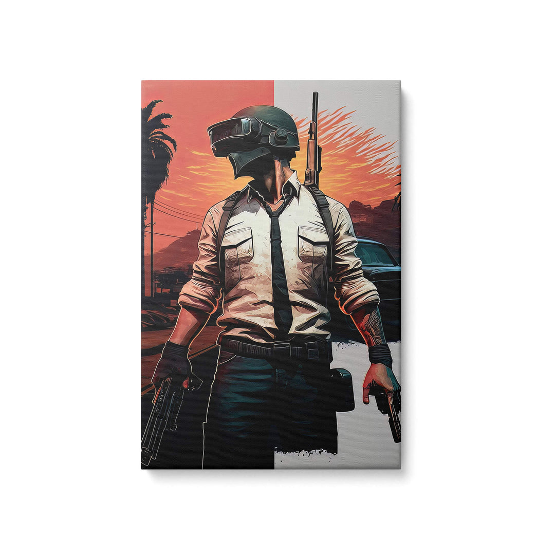 Sunset tropical warfare scene inspired by PUBG, printed on high-quality canvas mounted on 1.5" stretcher bars.