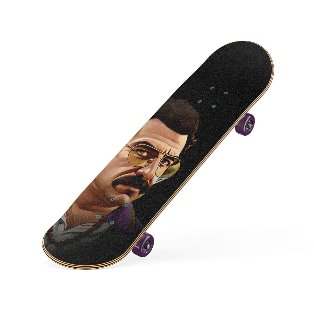 Slanted view of Skateboard with custom illustration of Pablo Escobar, the infamous Colombian drug lord, in natural light colors.