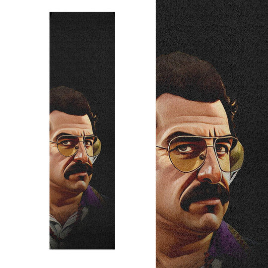 Detailed image of the Skateboard Grip Tape with custom illustration of Pablo Escobar, the infamous Colombian drug lord.