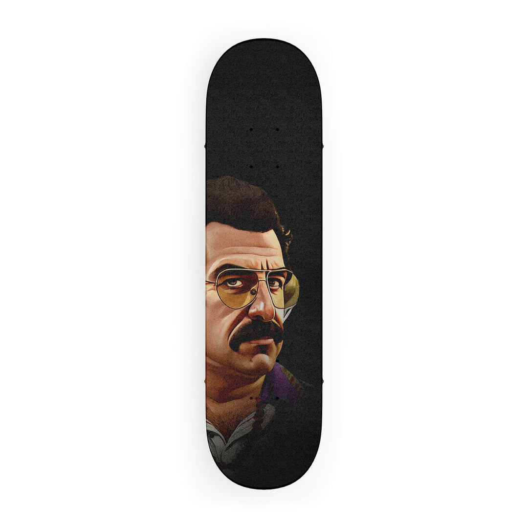 Top-down view of Skateboard Grip with custom illustration of Pablo Escobar, the infamous Colombian drug lord, in natural light colors.