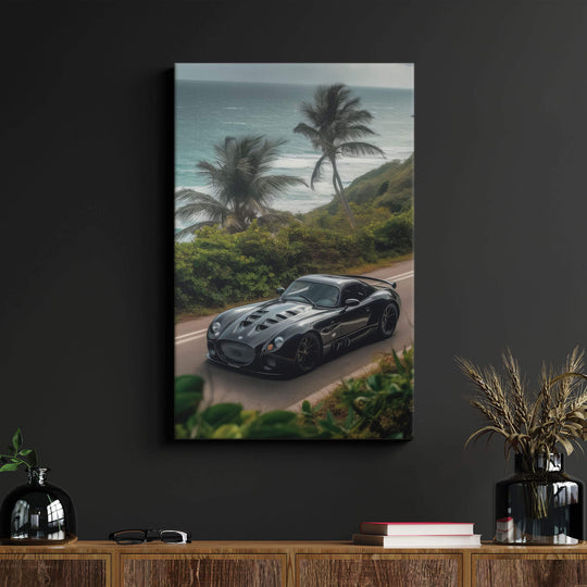 Elegant Panoz Esperante GTR-1 canvas print displayed on a black wall above a wooden desk in a living room.