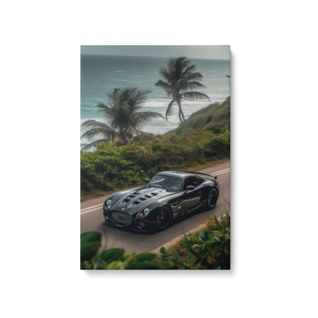 High-quality canvas print of sleek black Panoz Esperante GTR-1 parked on a coastal road in California, under overcast skies.