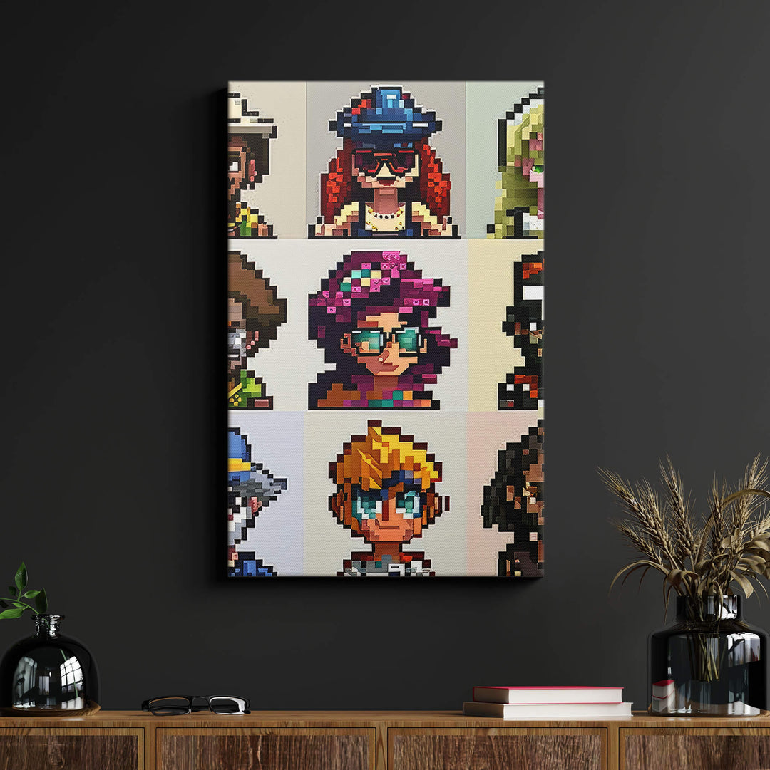 NFT Pixel Avatars on a black wall in a living room, showcasing stunning textures and colors on a high-quality canvas print.