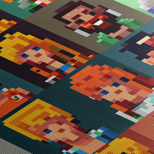 Detailed close-up of the canvas texture and the vibrant colors of the NFT characters and shapes with vibrant colors.