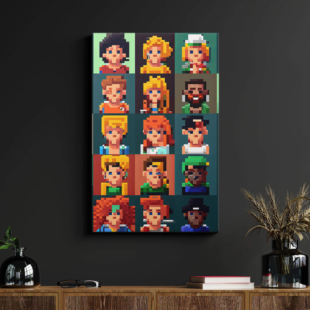 Vibrant and positive digital artwork on a black canvas, featuring NFT characters with diverse colors and intricate pixelated shapes.