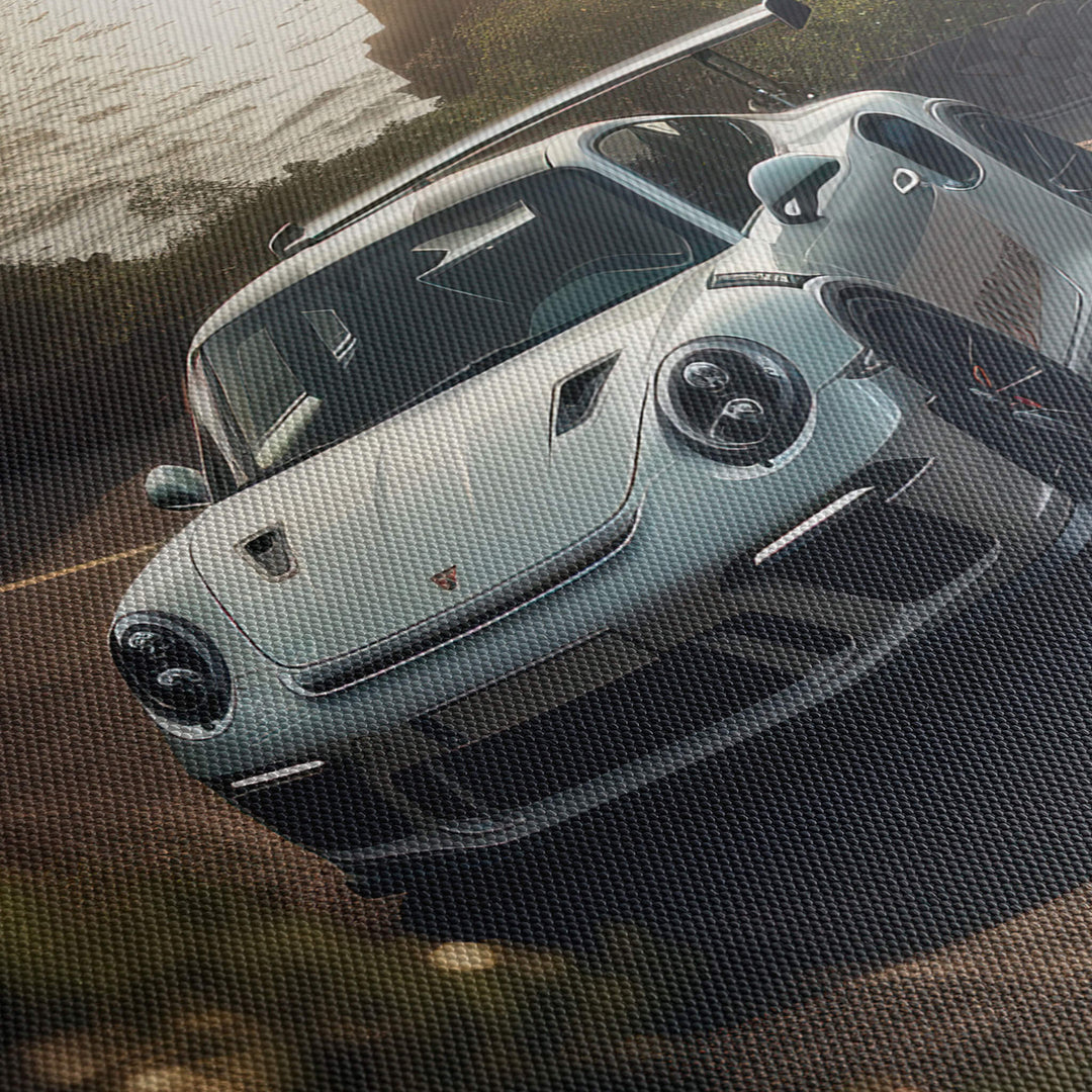 Close up of textured high quality canvas print featuring a White Porsche 911 GT3 and Hawaii's natural beauty.