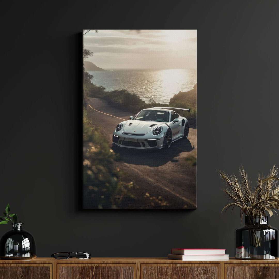 Stunning canvas print of a White Porsche 911 GT3 against a black wall in a living room, showing off elegancy and vibrancy.