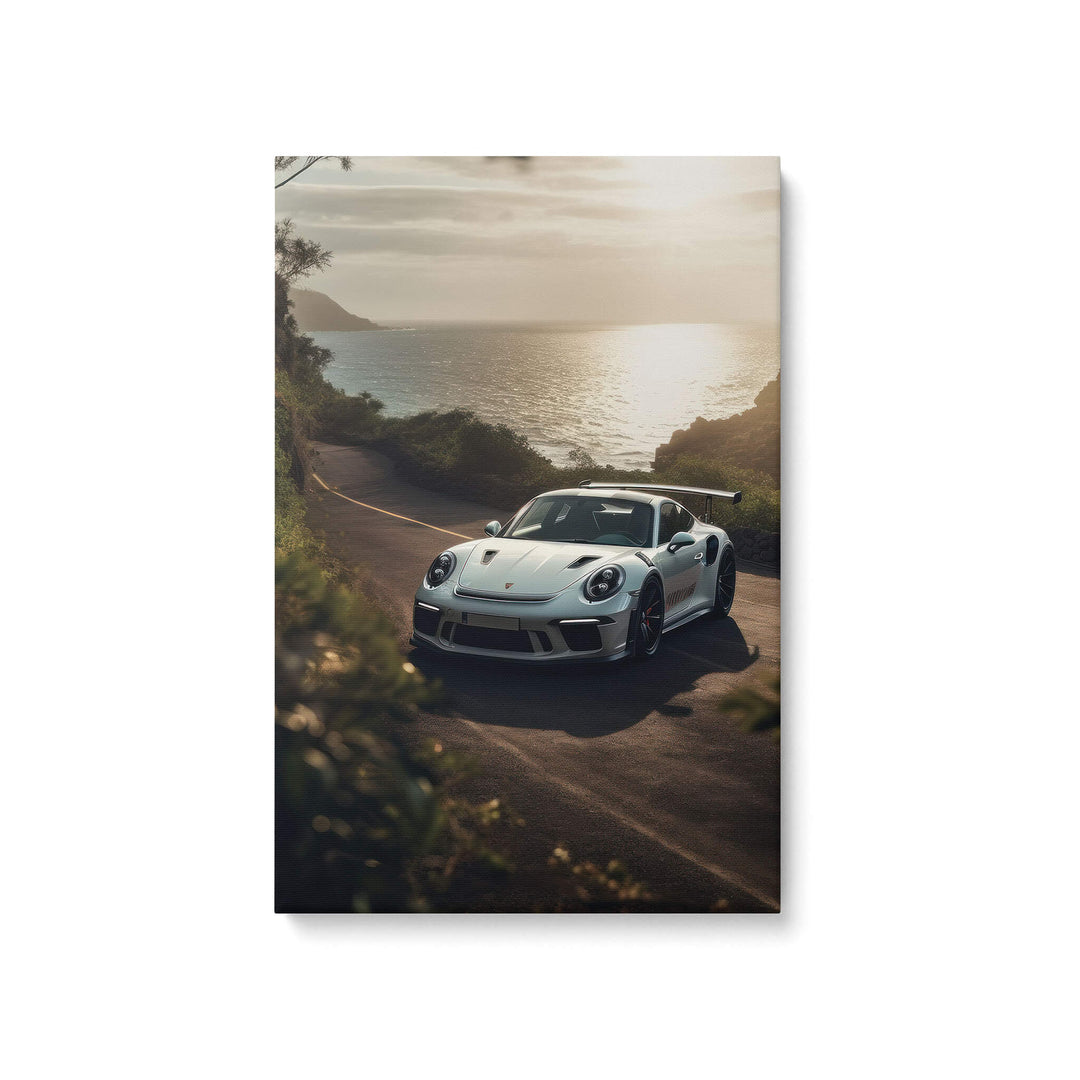 High quality canvas print of a White Porsche 911 GT3 racing through Hawaii's forest and ocean backdrop.