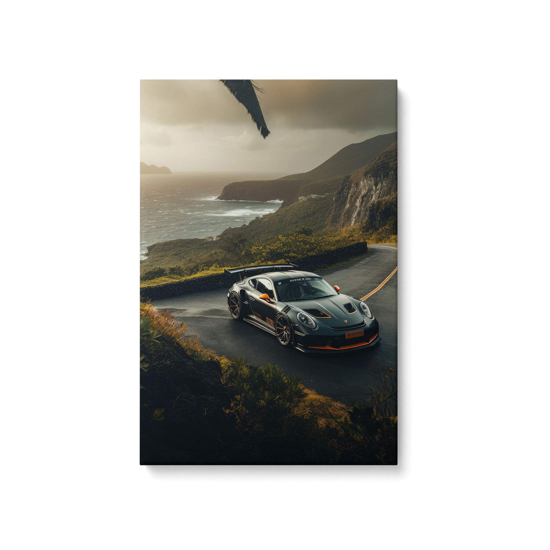 Stormy black Porsche 911 GT3 parked in tropical Hawaii, canvas print on 1.5” stretcher bars, perfect contrast to the sport car.