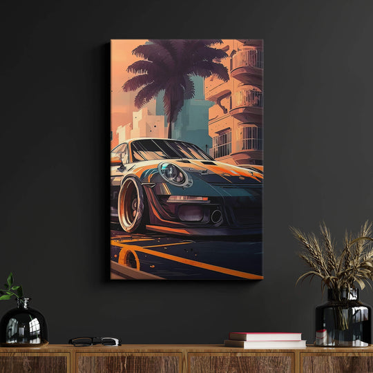 Porsche GT3 canvas print on black wall above wood desk - stunning sketch of Porsche GT3 for the ultimate car enthusiast.