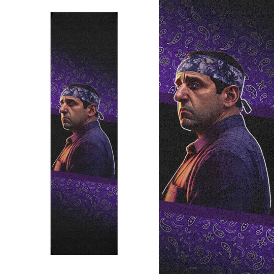 Detailed view of the Prison Mike graphic on the Skateboard Grip tape in shades of purple. Shows different sizing options.