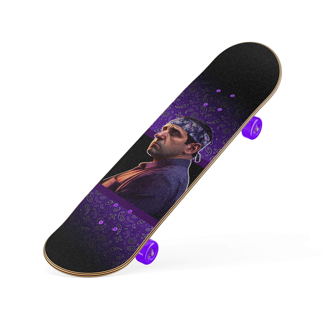 Skateboard with custom grip tape featuring Prison Mike, Michael Scott's alter ego, in various shades of purple.