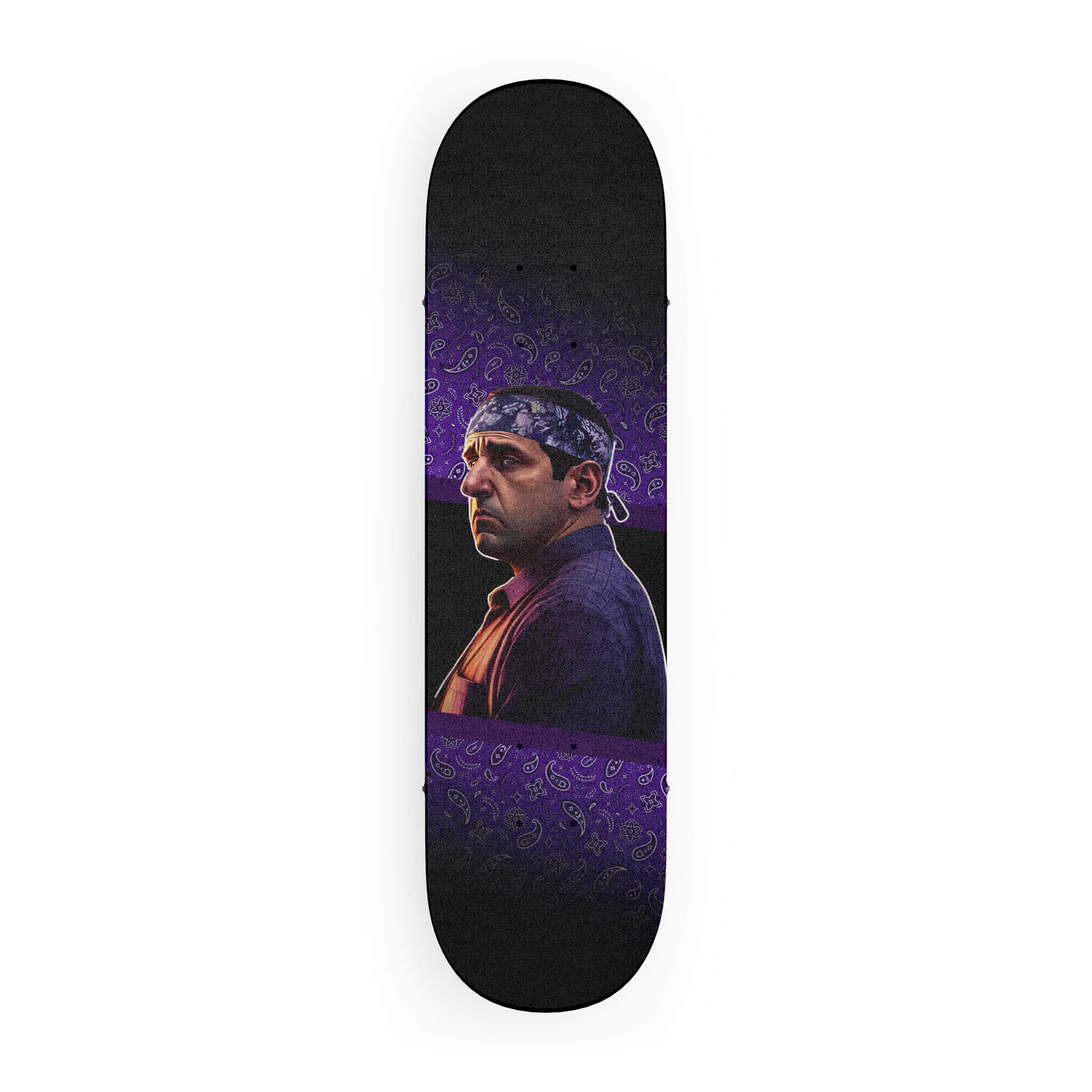 High-quality Skateboard Grip tape with the humorous Prison Mike graphic from The Office in purple shades.