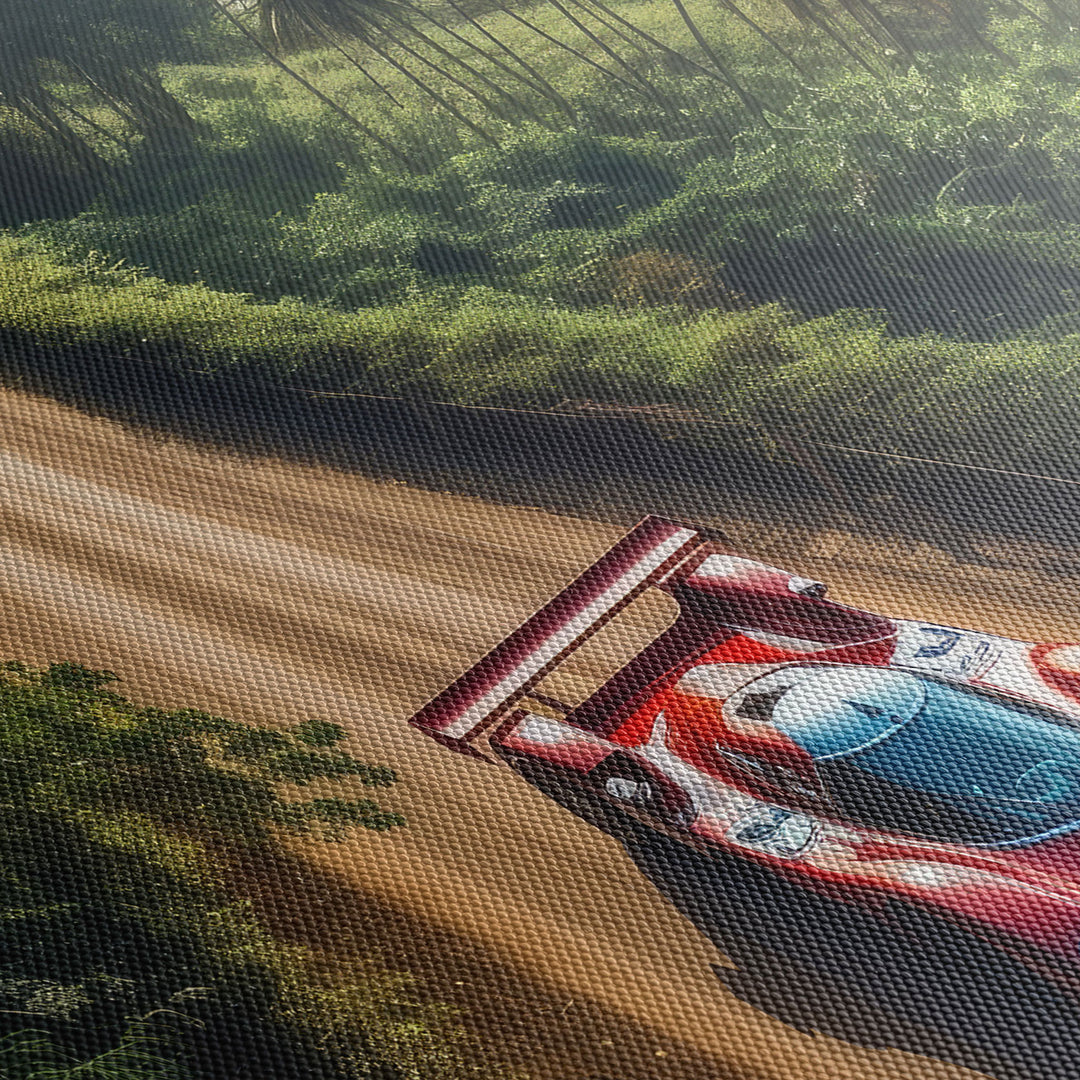 Close-up of a canvas print of a Dauer 962 Le Mans, displaying the texture of the canvas material and high-quality details.