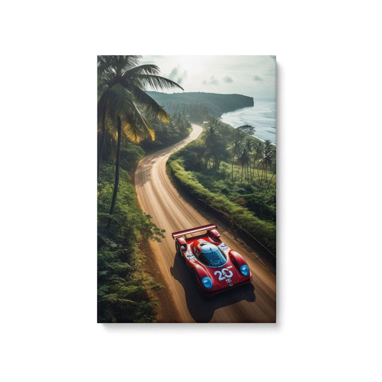 High-quality canvas print of a vibrant red Dauer 962 Le Mans racing down a dirt road aligned with the ocean in Mexico.