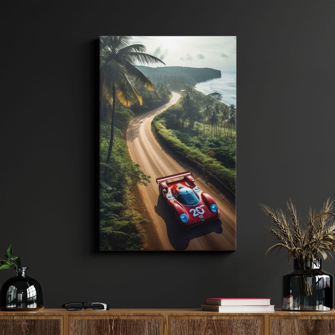 Stunning canvas print of a red Dauer 962 Le Mans cruising down a dirt road with ocean and palm trees in the background.
