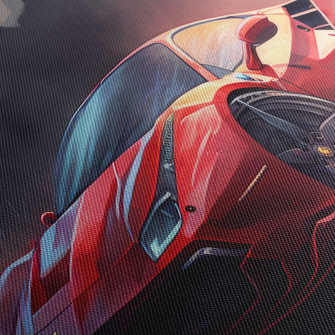Detailed close-up of a Ferrari canvas print, showcasing its high-quality detail and textured canvas material.