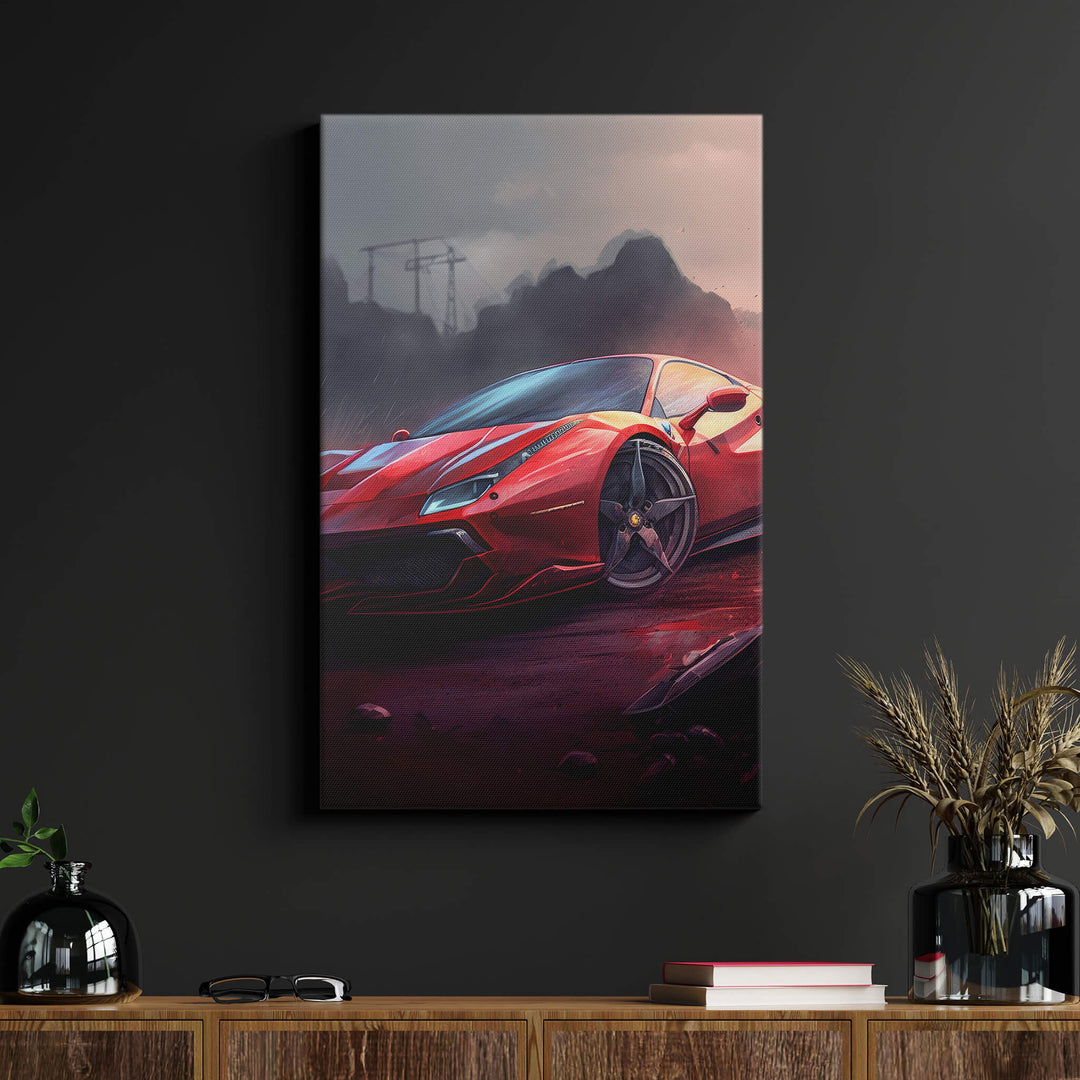 A stunning Ferrari canvas print with a wet, muddy, and dark mood. Perfect for a living room with a black wall and wood desk.