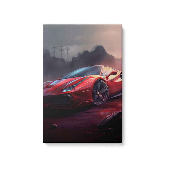 High-quality canvas print of a shining Ferrari on a muddy road in the rain. Dark and moody, with reflections.