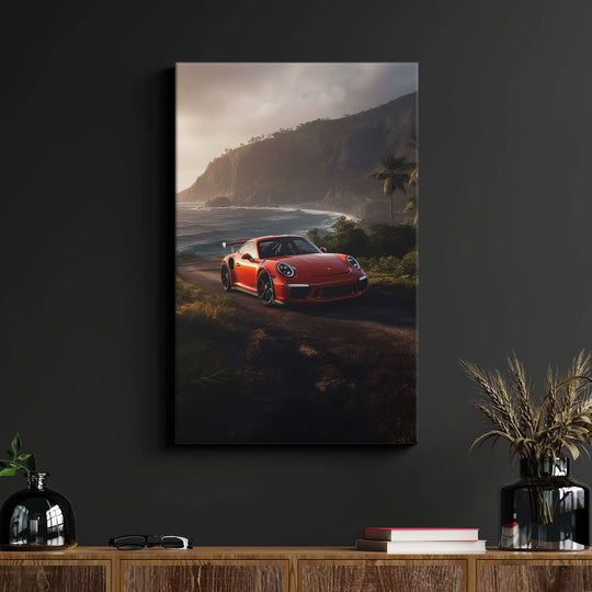 Stunning Red Porsche 911 GT3 Canvas Print Above Wood Desk in Living Room - High Quality Stretched Canvas.
