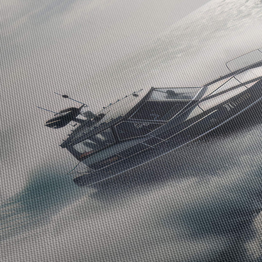 A close-up of the canvas print showing the texture of the canvas material and high-quality detail of the vibrant speed boat.