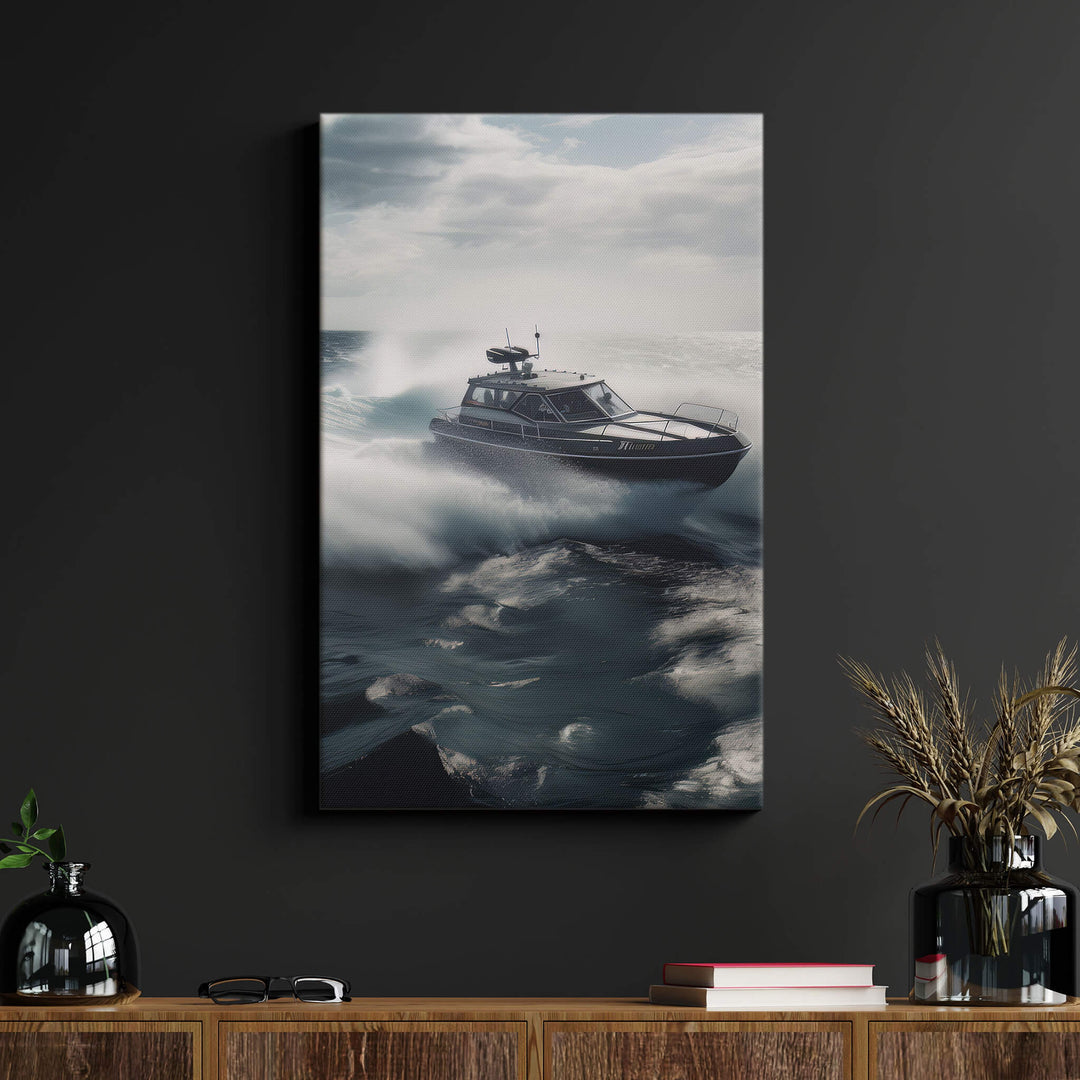 A vibrant speed boat racing through the cloudy ocean waves, with a frothy wake trailing behind, on a black wall above a wood desk.
