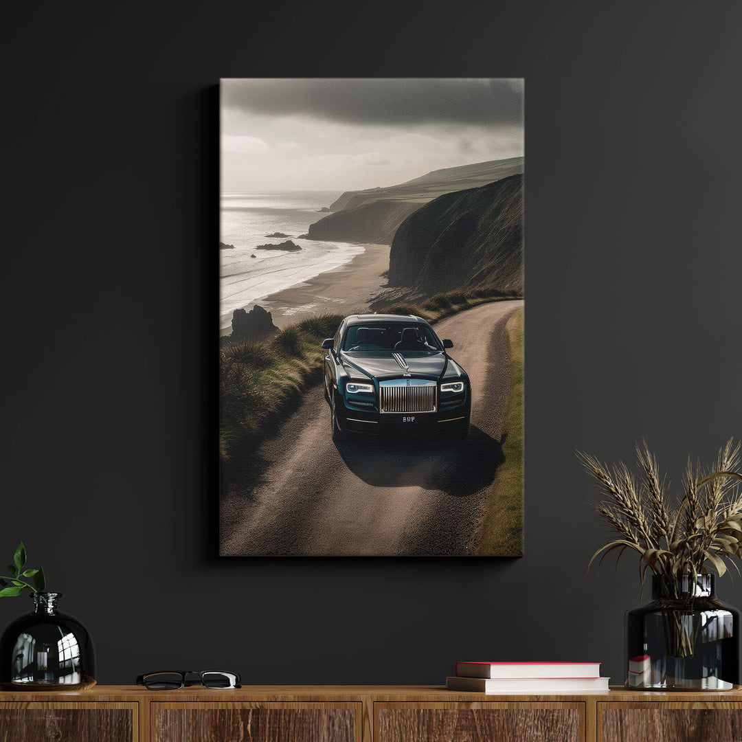 This stunning canvas print captures a black Rolls-Royce Phantom driving through the Scottish countryside, mounted on a black wall.
