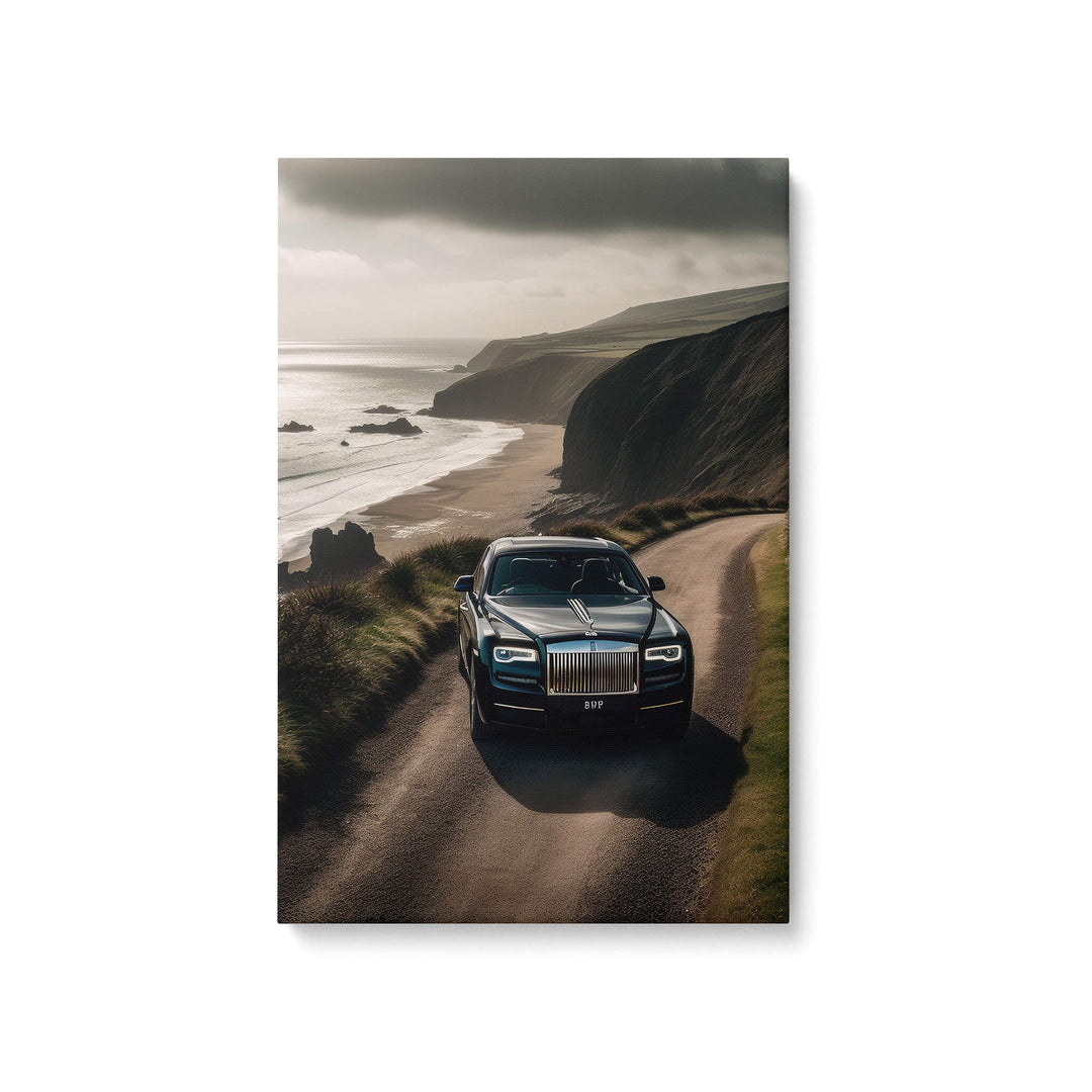 High-quality canvas print of a black Rolls-Royce Phantom driving through the Scottish countryside, against a white background.