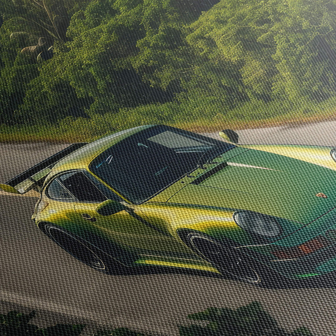 A close-up image of the high-quality detail and texture on a canvas print of a green metallic RUF CTR2.