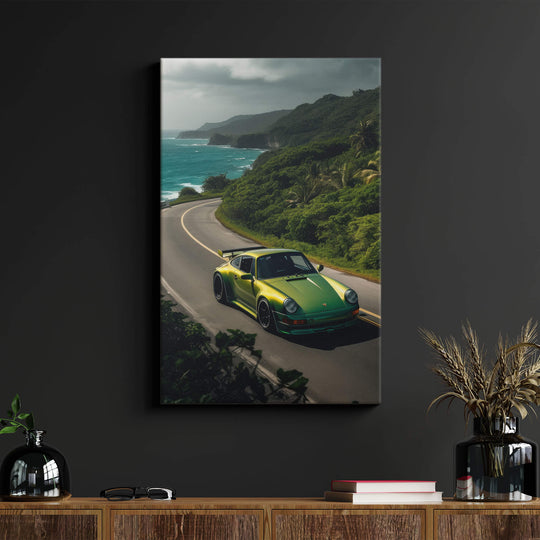 The stormy-themed canvas print exhibits the image of a green metallic RUF CTR2 driving down an ocean-side paved road.