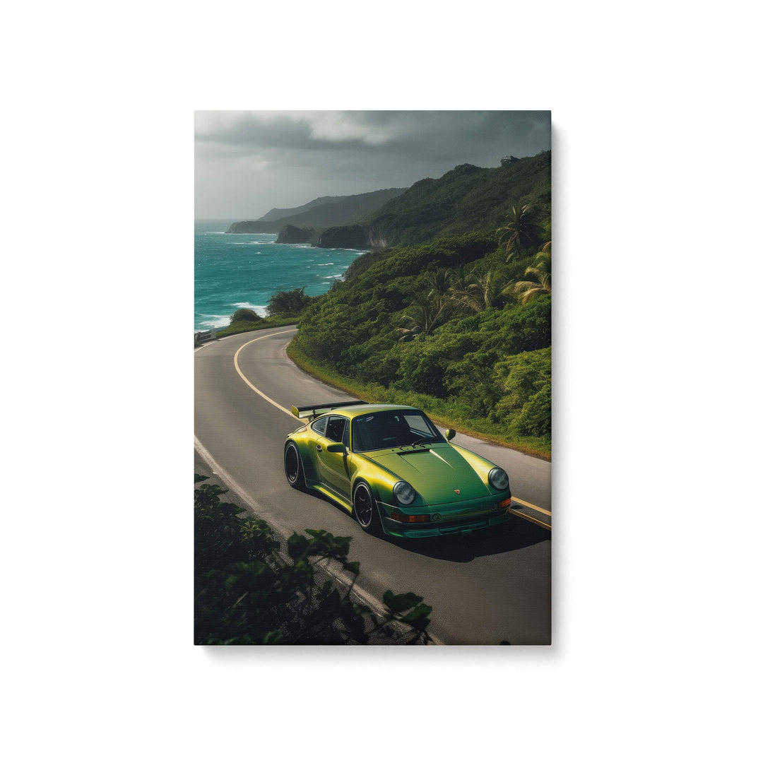 High-quality canvas print of a green metallic RUF CTR2 driving down an ocean-side paved road, twin turbo engines.