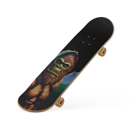 Slanted view of Skateboard, showcasing high quality printed graphics of a Sasquatch in nature with a scenic background.