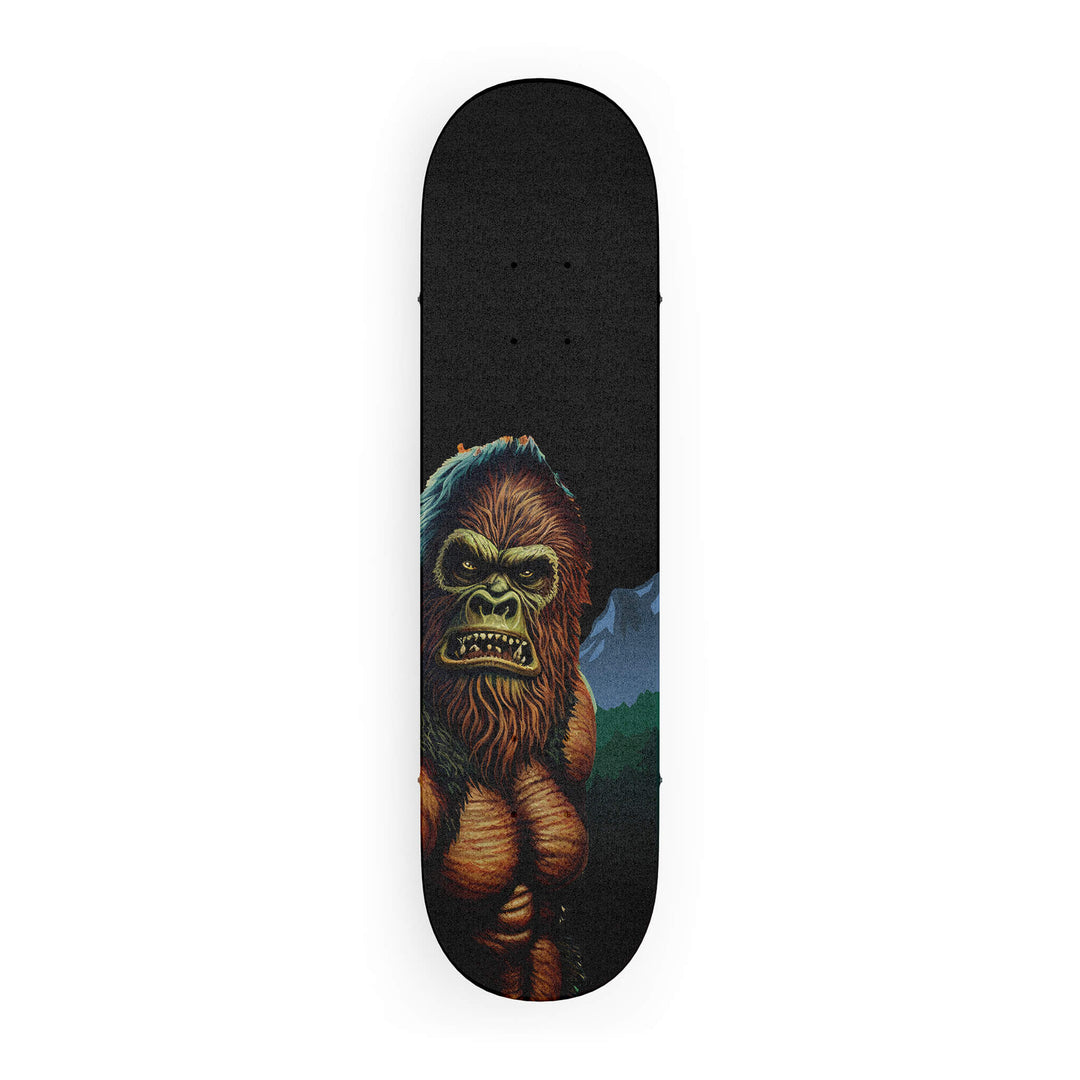 Top view of high quality Skateboard Grip tape, featuring artwork of a Sasquatch roaming through the wilderness.