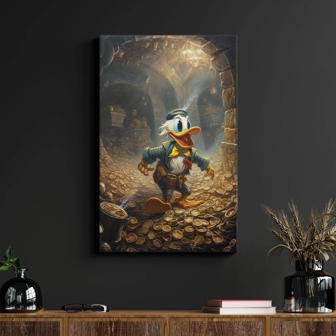 Scrooge McDuck canvas print on black wall - Immerse yourself in wealth, a gleaming vault of gold coins.
