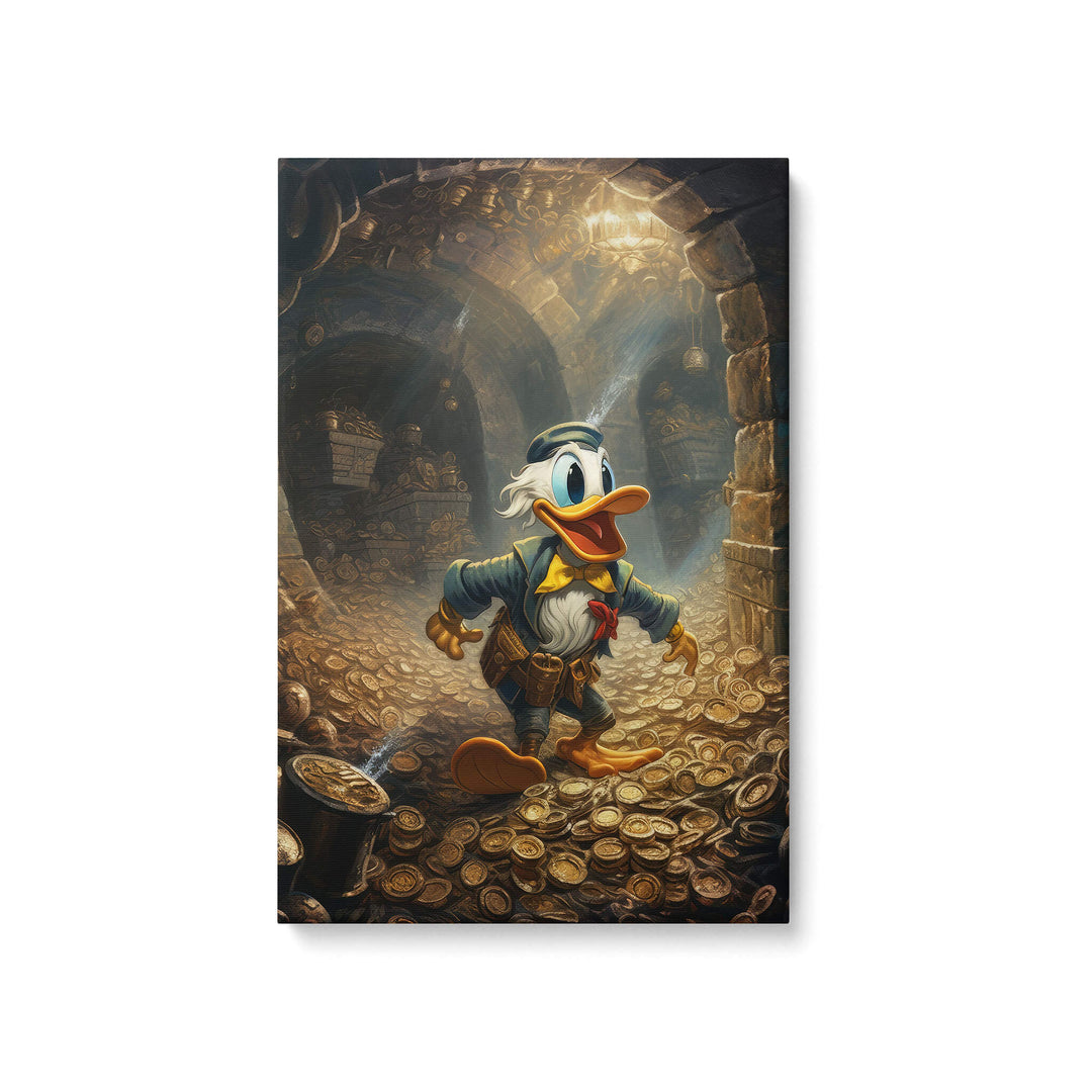 Scrooge McDuck canvas print on white background - Wealth beyond measure, gleaming vault of gold coins.