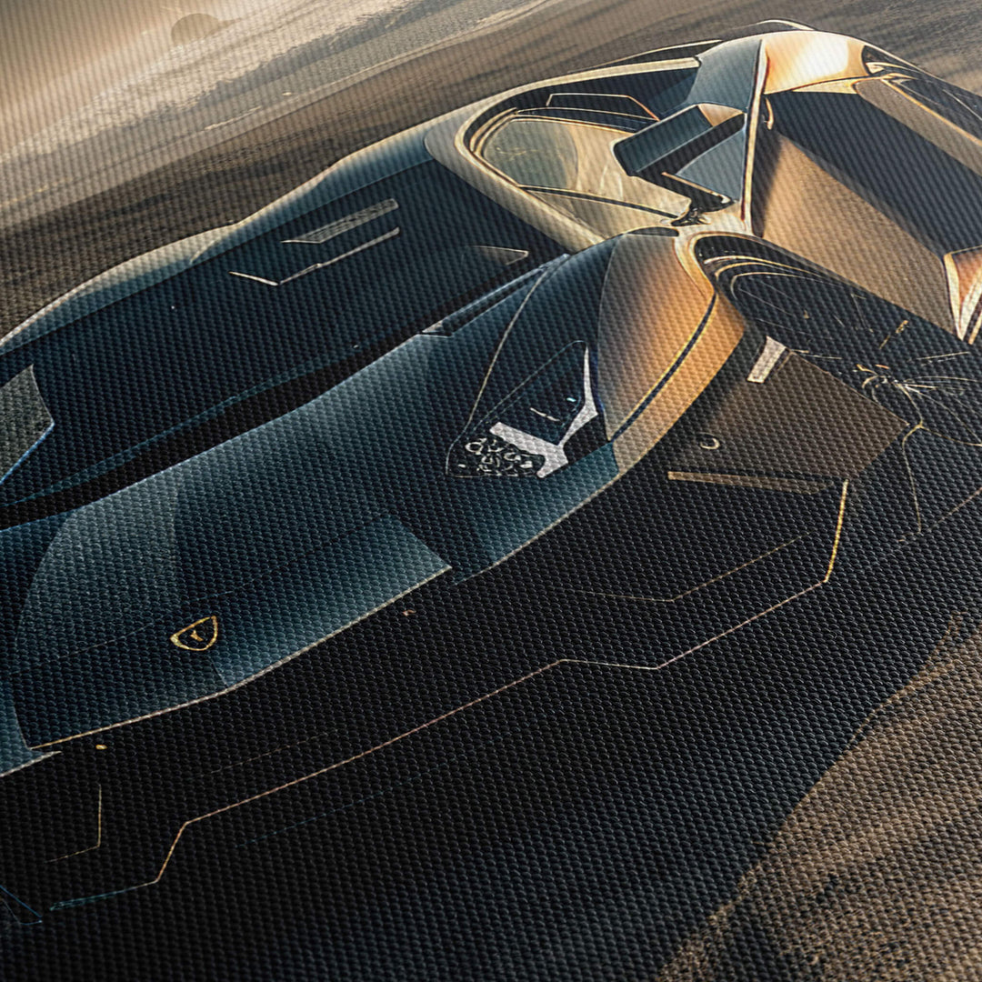 Close-up of Lamborghini Aventador canvas print, showcasing texture and high-quality detail. Sunset and ocean backdrop.