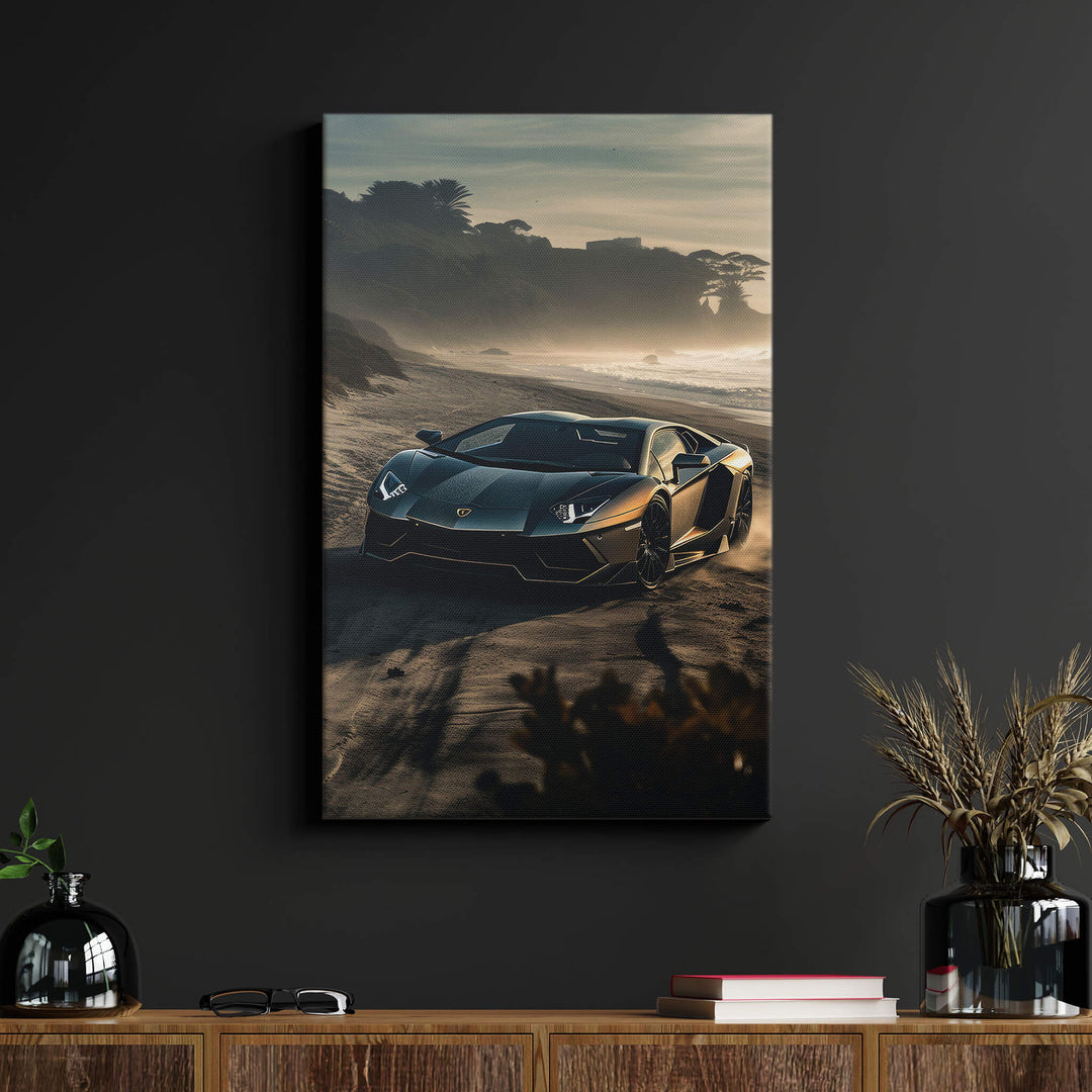 Luxurious canvas print of Lamborghini Aventador on black wall above wood desk. Sunset and ocean backdrop set the mood.