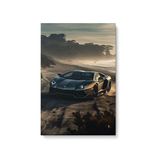Stunning Lamborghini Aventador canvas print on white background. Sand and ocean backdrop create a peaceful mood.