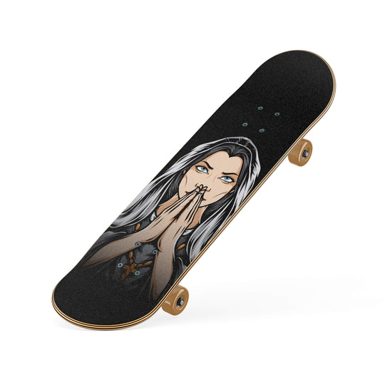 Skateboard featuring vibrant natural colors with enigmatic Catholic-inspired artwork, shown from a slanted perspective.