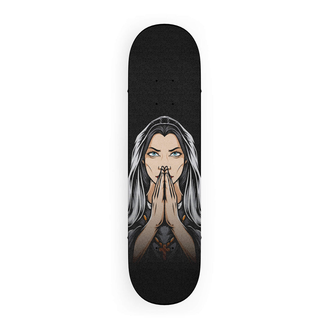 High-quality skateboard grip tape in vibrant natural colors with enigmatic Catholic-inspired artwork.