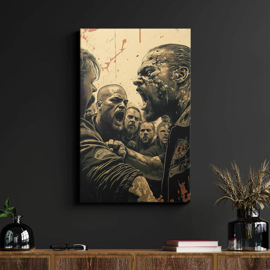 Dramatic Sons of Anarchy fight scene canvas print on black wall above wood desk. Anger and gore on display.