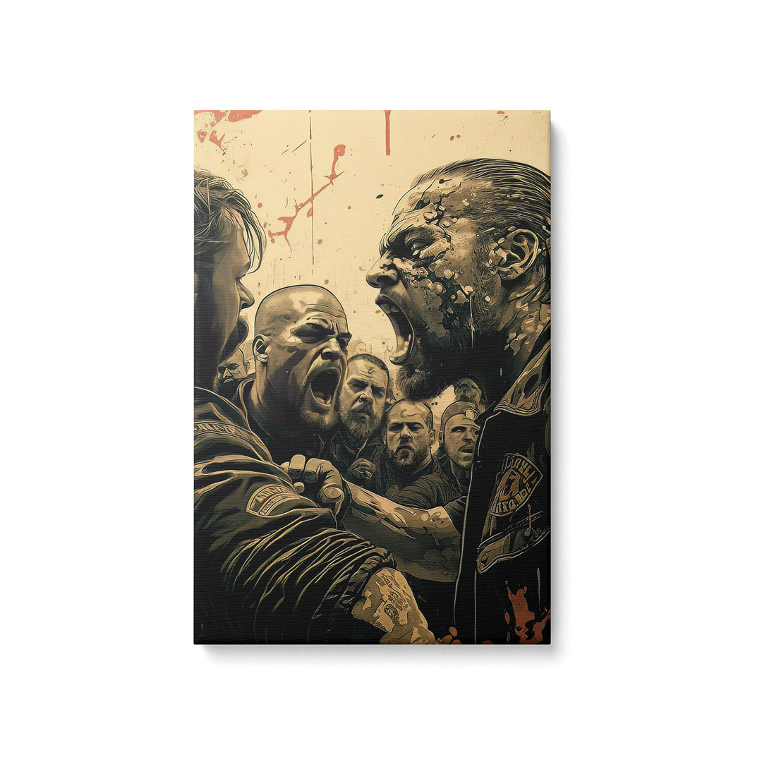 Intense Sons of Anarchy fight scene on white background canvas print. Story-driven, gritty, and violent.