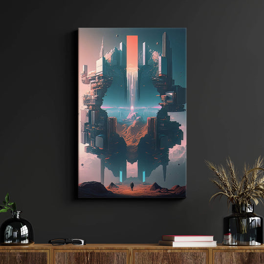 Creative canvas print of a futuristic cityscape on 1.5" stretcher bars, stunning colors from the sun on a black wall.